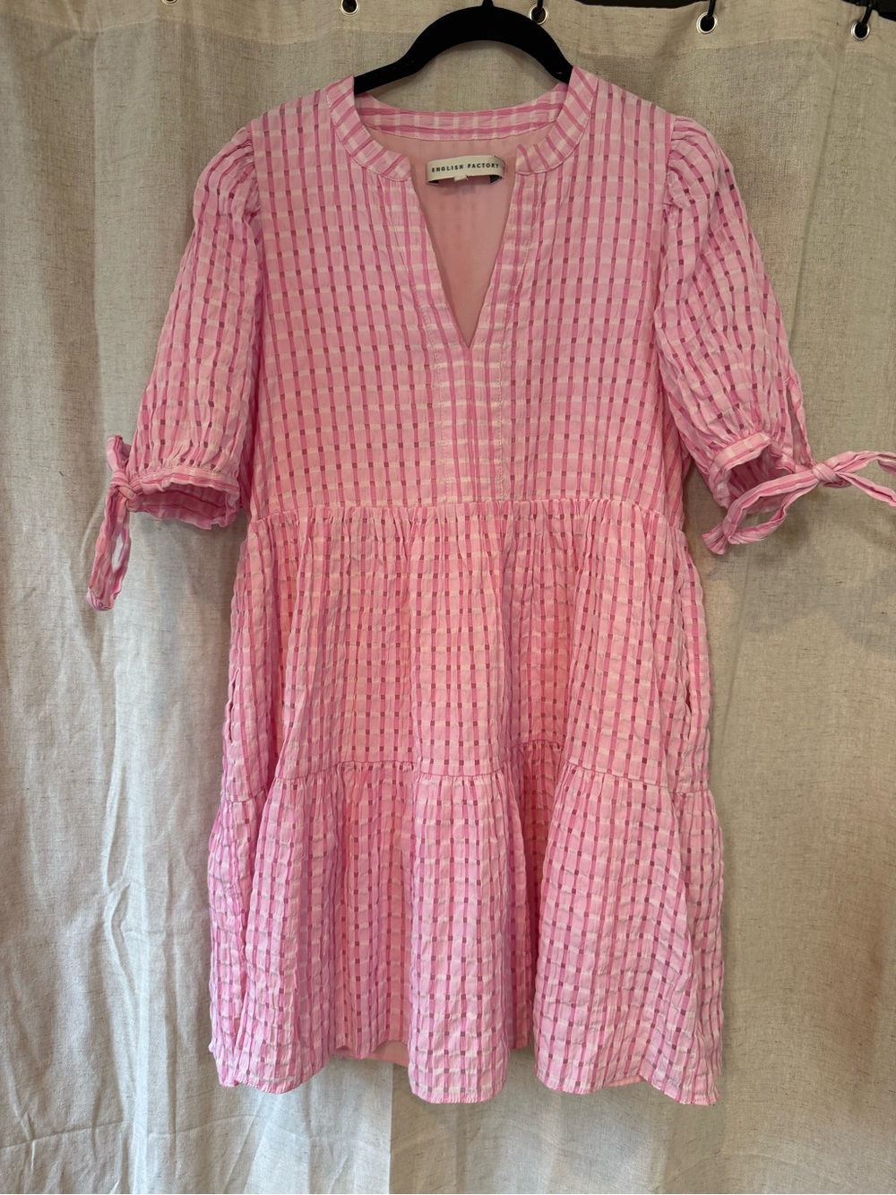 English Factory Pink Gingham V-Neck Tiered Dress